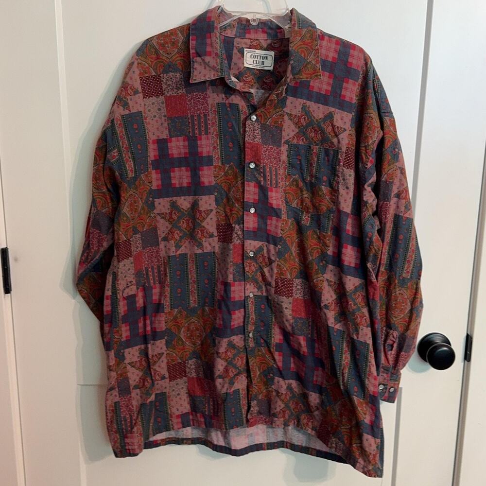 Vintage Cotton Club Shirt Mens Big 2X Multicolor Paisley Patchwork USA Button